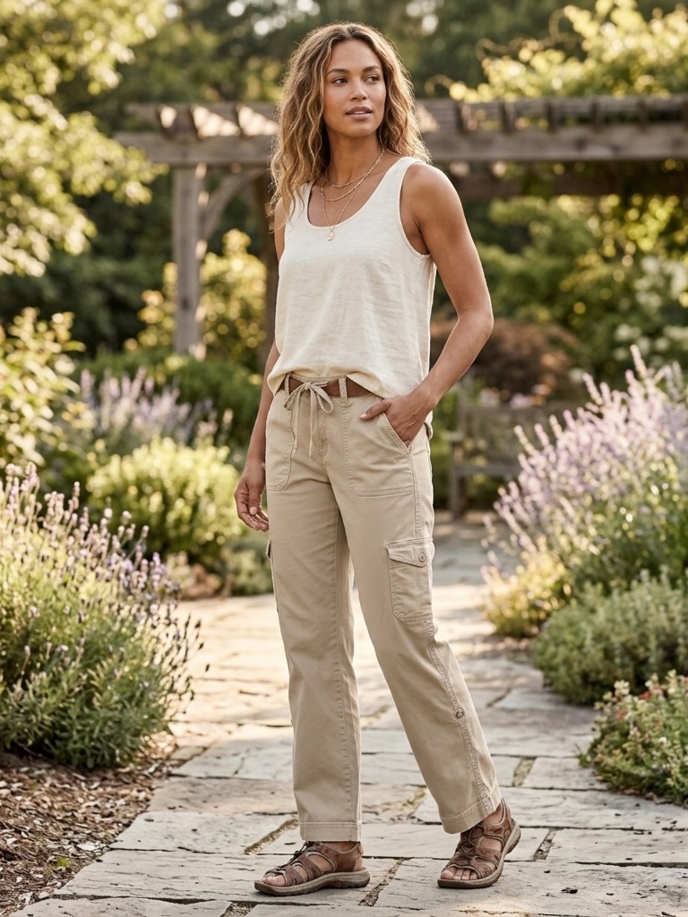 L.L. Bean Women's Beige Straight Leg Cargo Pants with Cream Tank